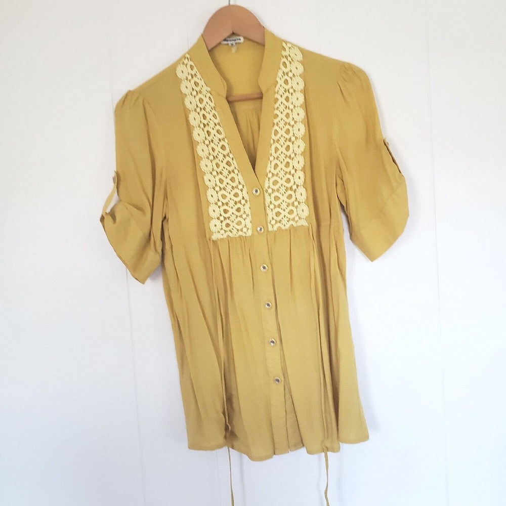 Spangle Women Mustard Yellow Short Sleeve Button-Down Shirt Tunic‎ Medium Boho